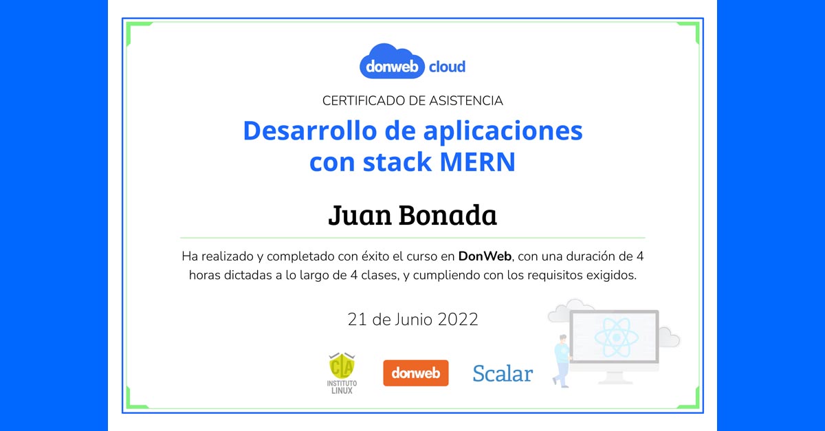 ¡Tengo mi certificado del curso Desarrollo de Aplicaciones con stack MERN by @donweb!