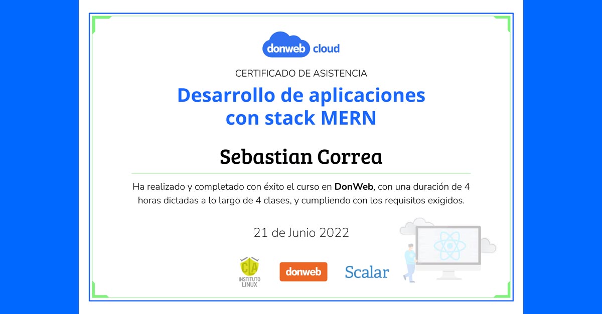 ¡Tengo mi certificado del curso Desarrollo de Aplicaciones con stack MERN by @donweb!