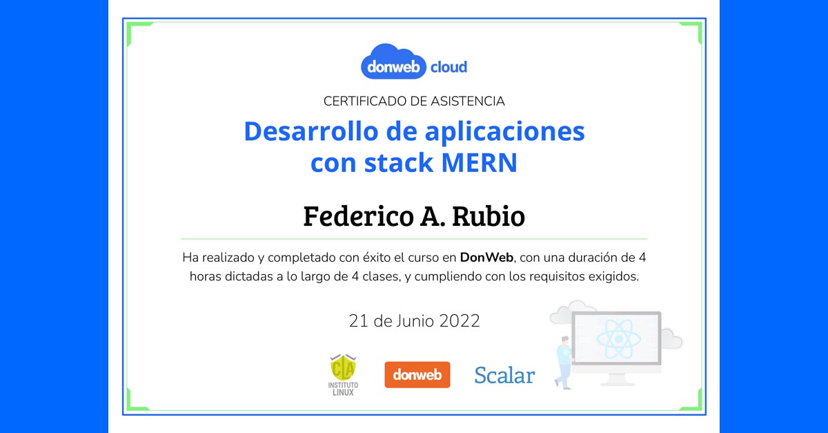 ¡Tengo mi certificado del curso Desarrollo de Aplicaciones con stack MERN by @donweb!