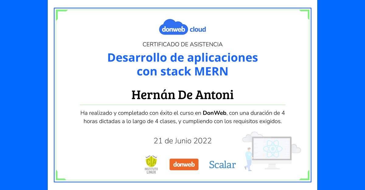¡Tengo mi certificado del curso Desarrollo de Aplicaciones con stack MERN by @donweb!