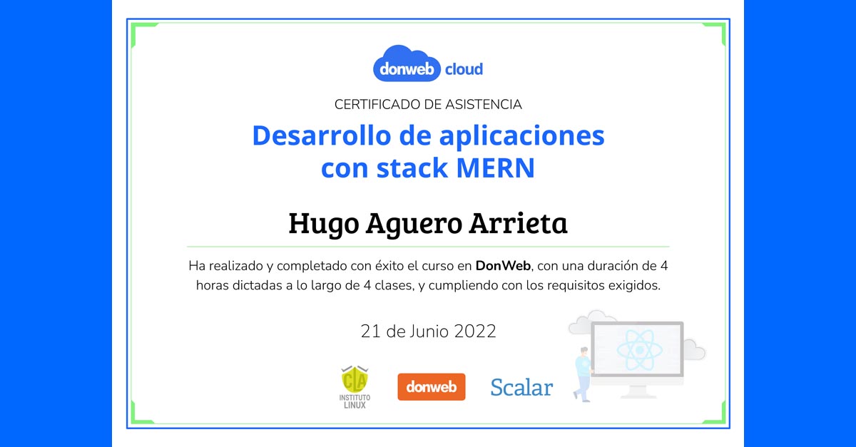 ¡Tengo mi certificado del curso Desarrollo de Aplicaciones con stack MERN by @donweb!