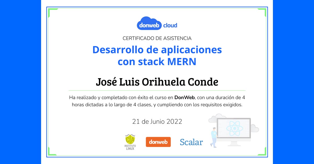 ¡Tengo mi certificado del curso Desarrollo de Aplicaciones con stack MERN by @donweb!