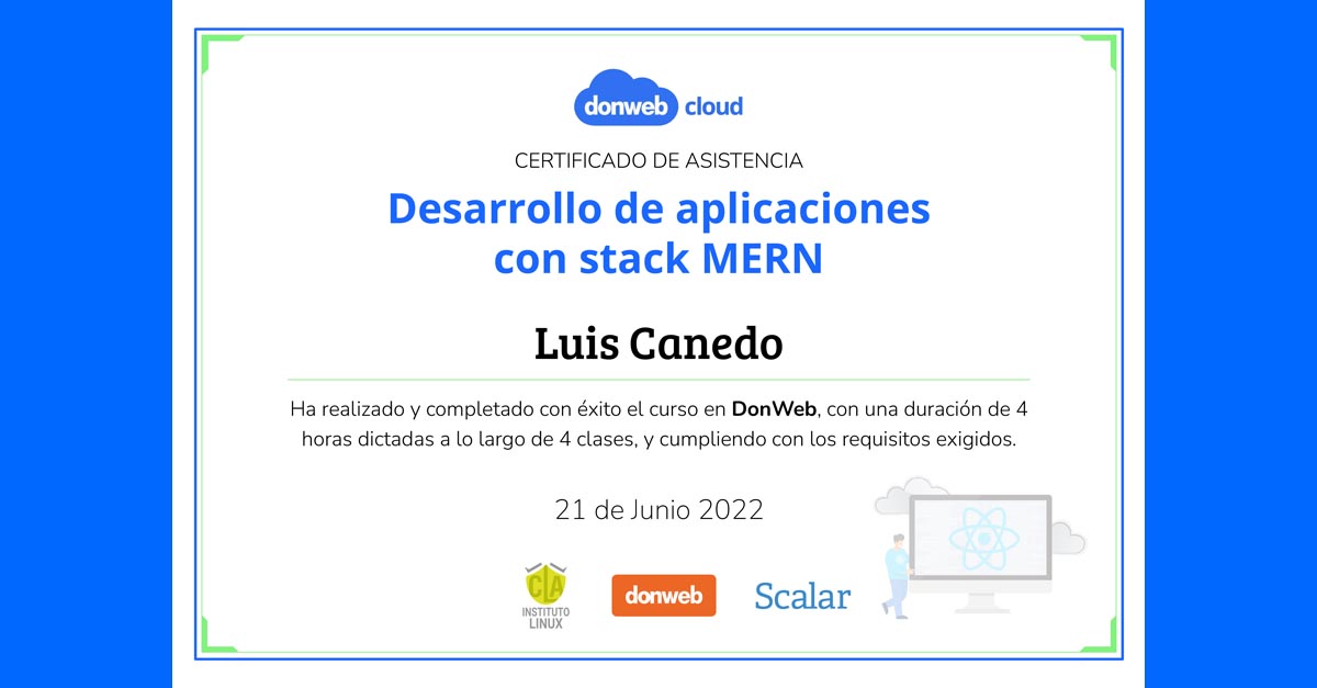 ¡Tengo mi certificado del curso Desarrollo de Aplicaciones con stack MERN by @donweb!