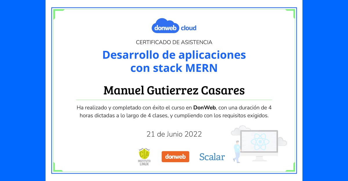 ¡Tengo mi certificado del curso Desarrollo de Aplicaciones con stack MERN by @donweb!