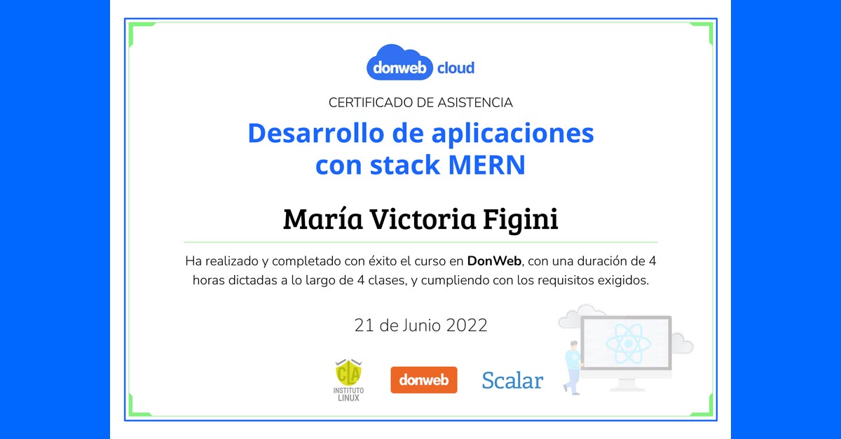 ¡Tengo mi certificado del curso Desarrollo de Aplicaciones con stack MERN by @donweb!