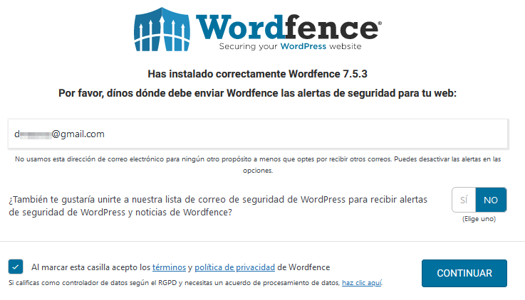 como asegurar wordpress con wordfence aceptar terminos