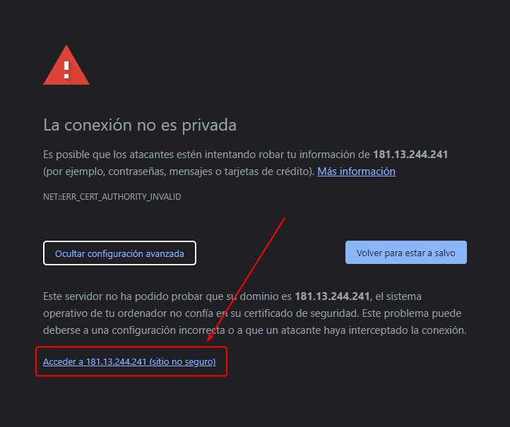 Mensaje de advertencia del navegador "La conexión no es privada"