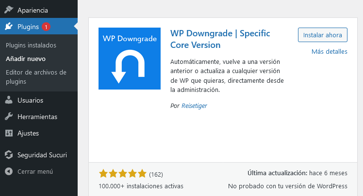 instalar wp downgrade