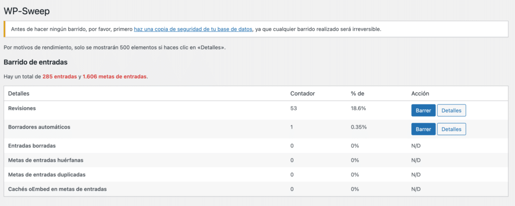 Limpieza de base de datos con WP-Sweep-5