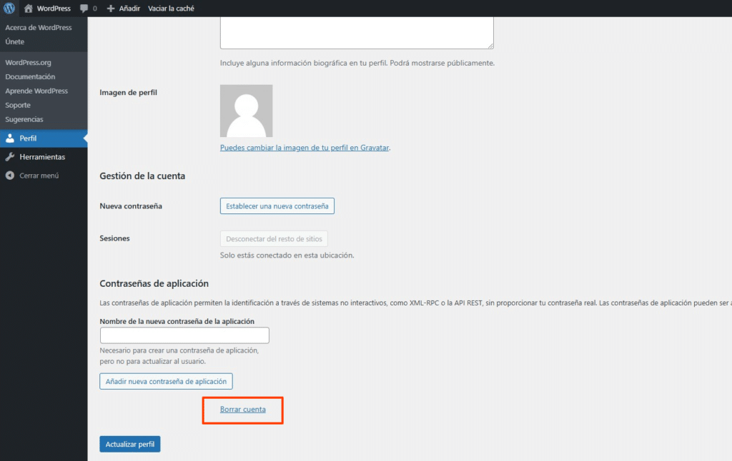 Eliminar la cuenta de WordPress-6